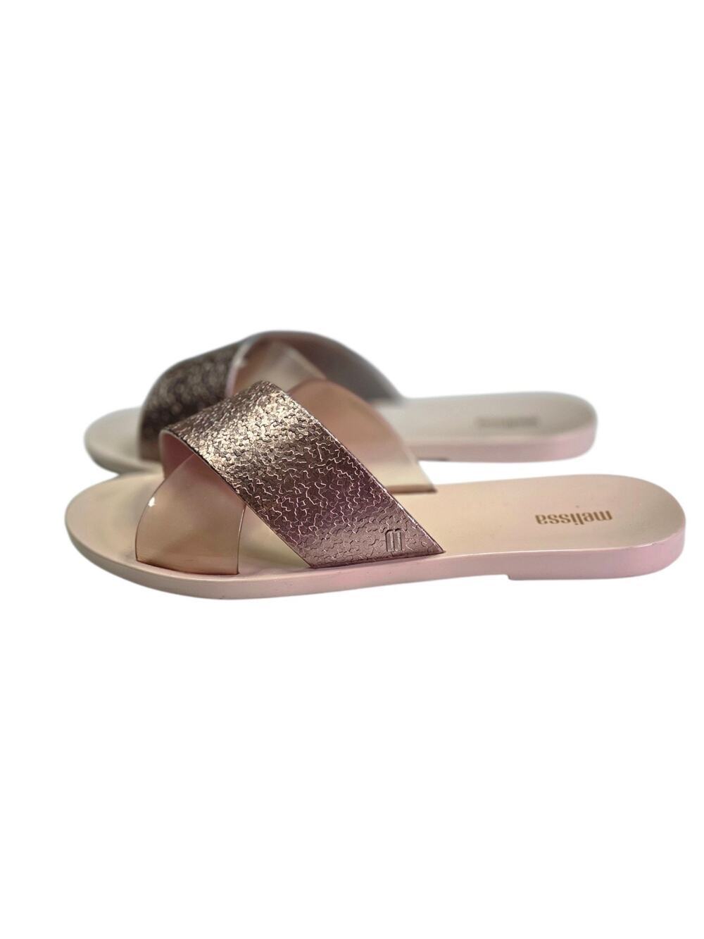 Melissa Blush/Pink/Rose Gold Criss Cross Flat Sandals Good Time Slides Size 7
